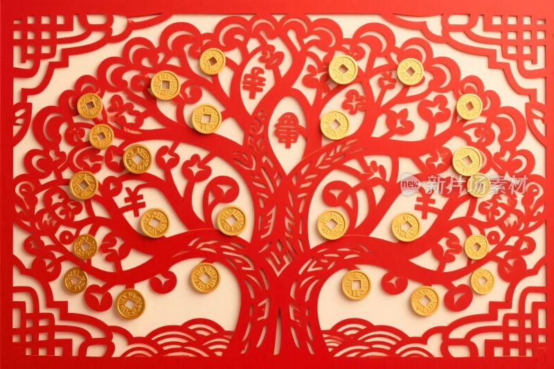 红色剪纸钱树装饰