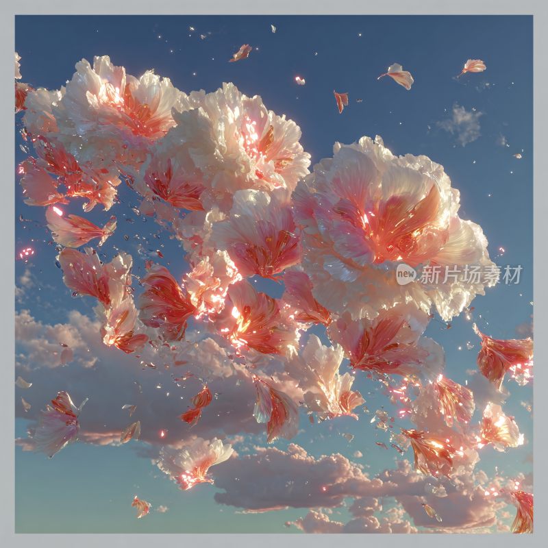 梦幻云朵花朵漂浮于蓝天