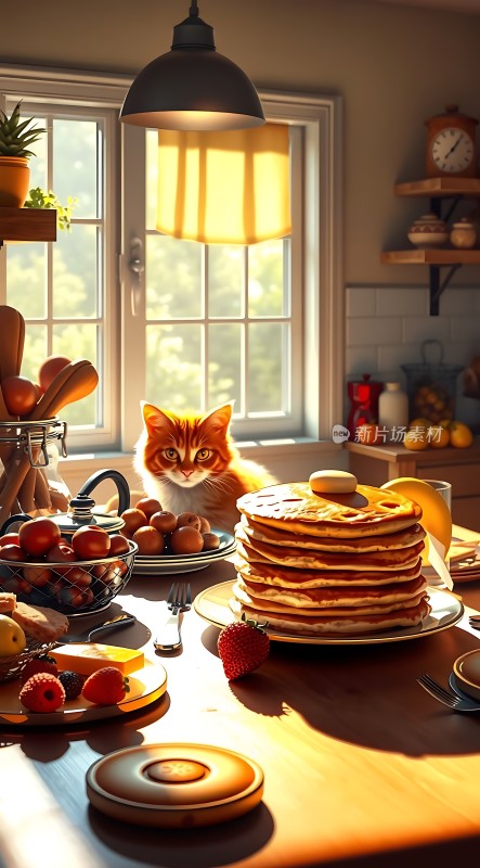 阳光下的早餐时光橘猫与美味煎饼