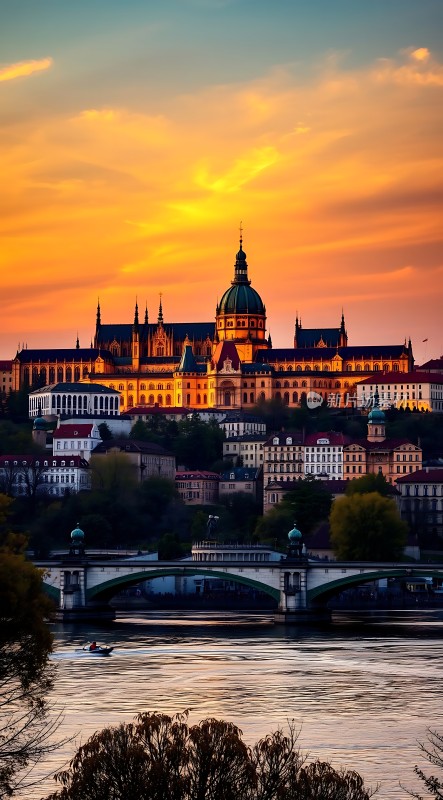 日落下的布拉格城堡与查理大桥