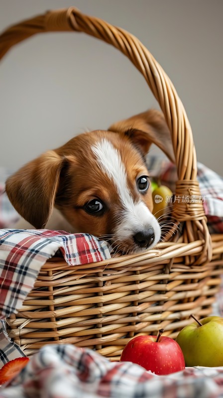 小狗探出头苹果和篮子