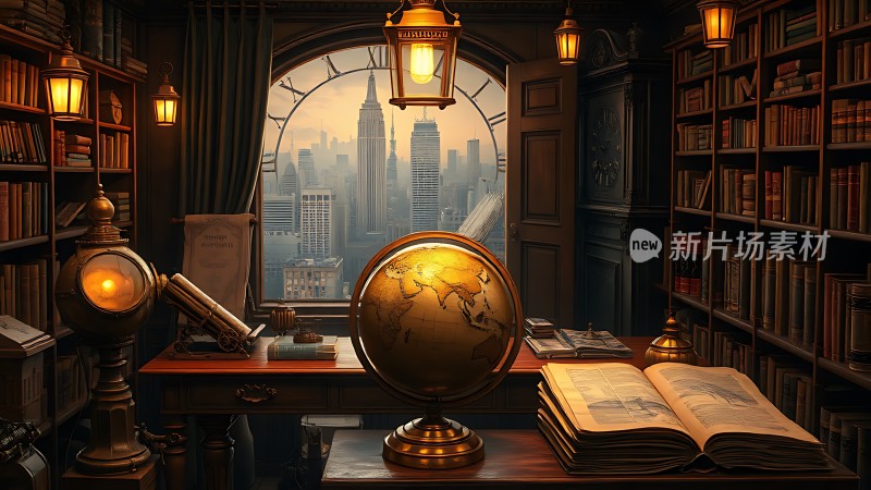 古董书房里的地球仪和望远镜