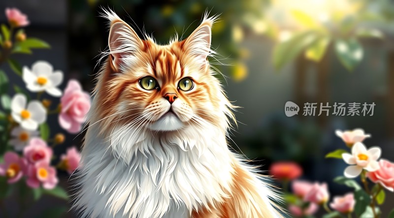 阳光下的橘白长毛猫