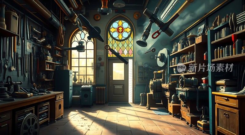 机械工坊工具与阳光交织的艺术空间