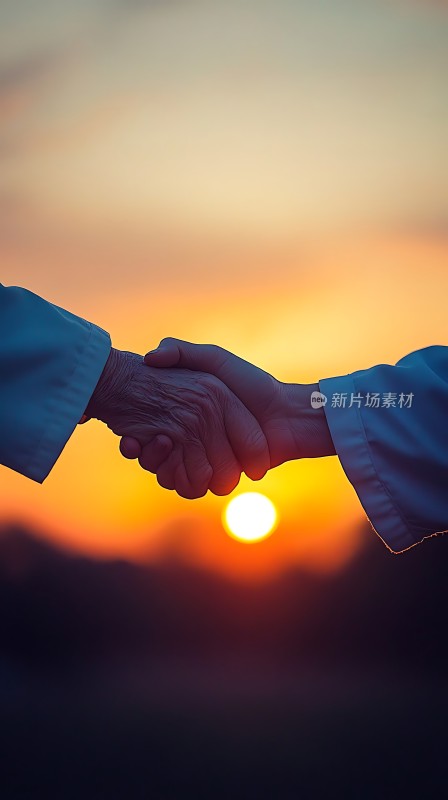 夕阳下的握手温暖与希望交织