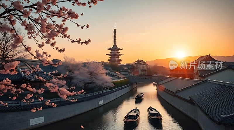 夕阳下的古塔与樱花盛开的河岸