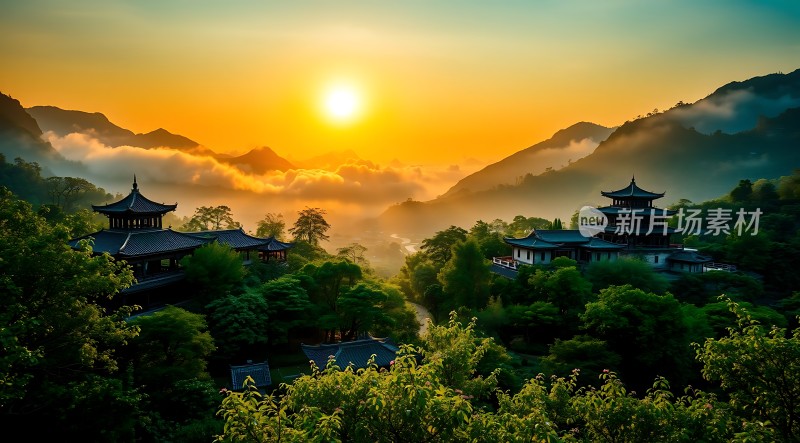 晨曦中的古寺与云海