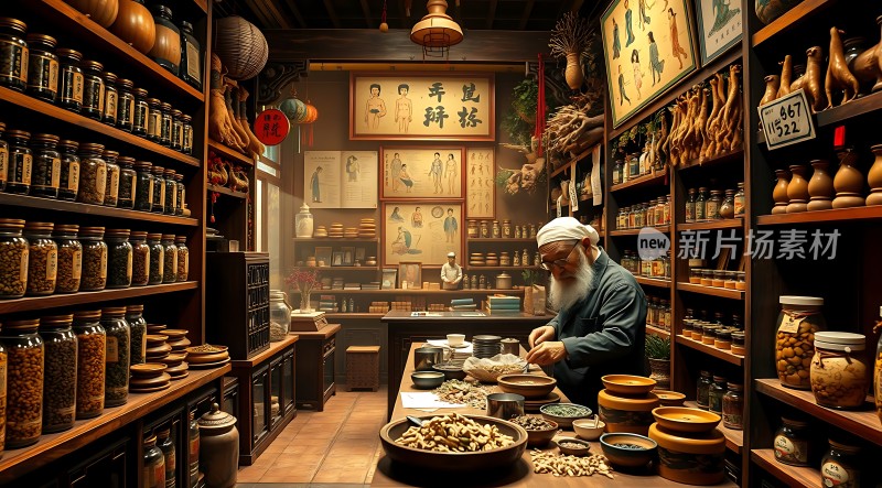 古法中药铺里的老中医在忙碌着