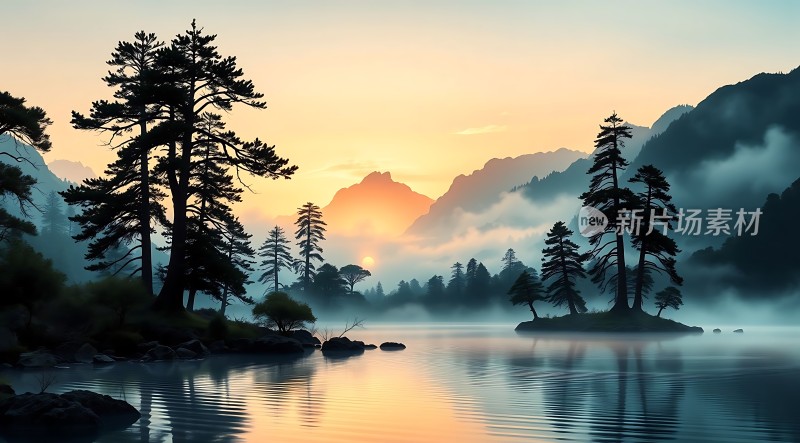 湖畔松林日出图