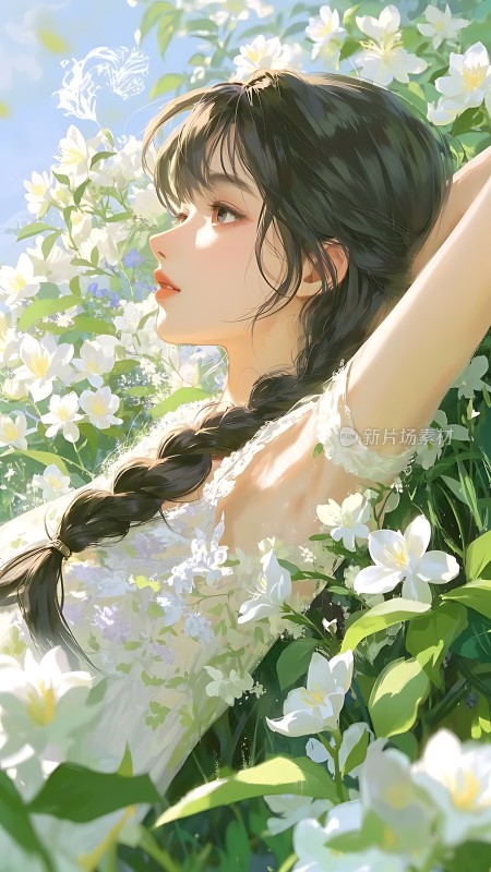 阳光下的花海少女