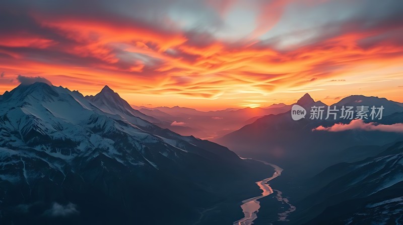 日出雪峰映红霞河流蜿蜒入云间