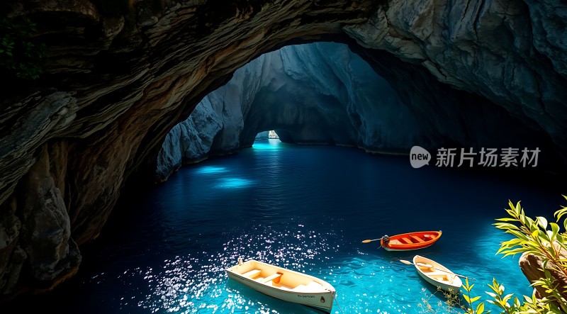 神秘洞穴下的蓝色水域与三艘小船