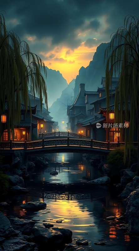 古桥夜色映水乡