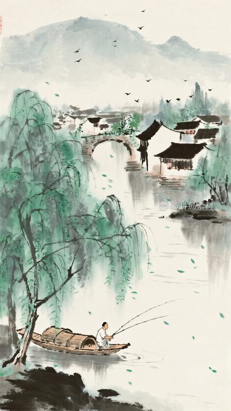 水墨江南水乡垂钓图景