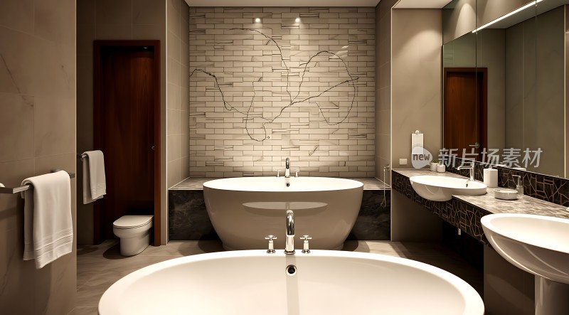 现代浴室设计简约风格白色浴缸和洗手台砖墙背景温馨舒适