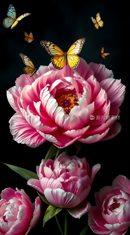 粉红牡丹翩翩蝶舞
