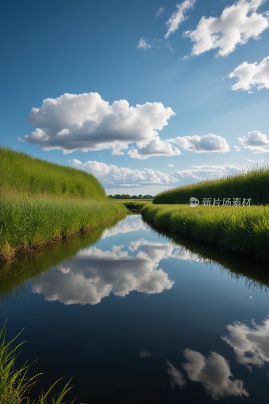 一条小溪流过一片草地高清图片