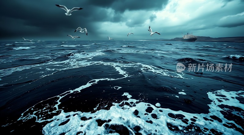 风暴海面上的飞翔的海鸥和远处的轮船