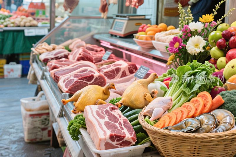 市场蔬果肉类售卖场景