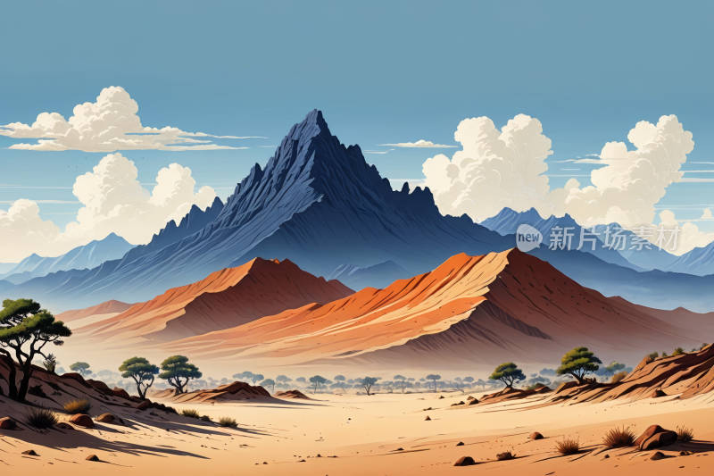 沙漠山脉高清风景插画图片