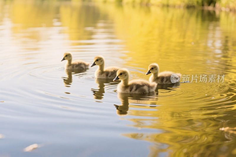 小鸭群水面游动