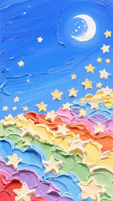 彩虹夜空下的星星与弯月