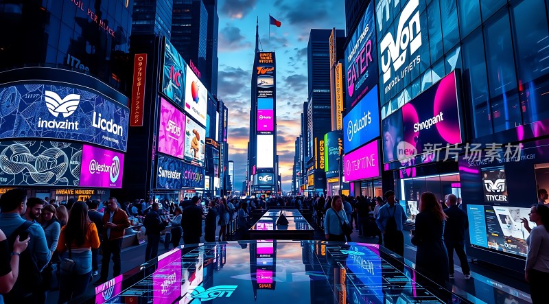 繁华都市夜景霓虹闪烁人群熙攘