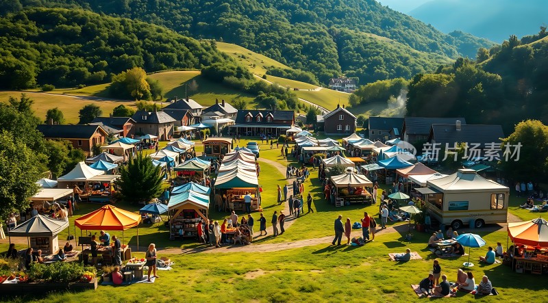 夏日山间集市绿意盎然帐篷林立人群熙攘