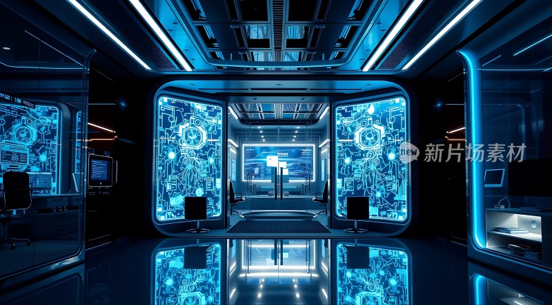 未来科技实验室蓝色光效与机械图案交织