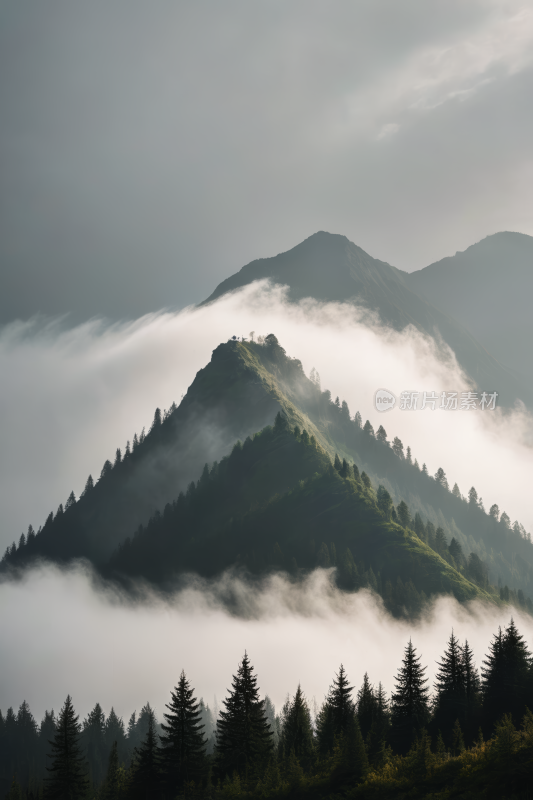 山上雾气弥漫低云密布旁边有树木风景图片