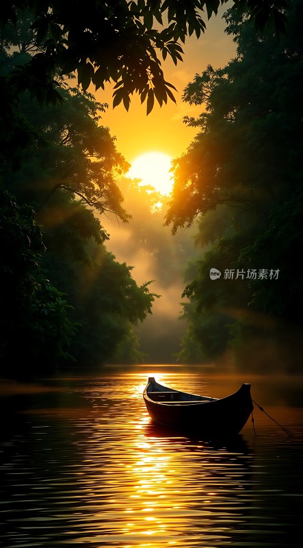 晨曦中的孤影小船