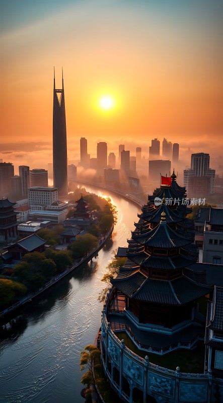 日出东方现代与古建相映成趣展现城市魅力