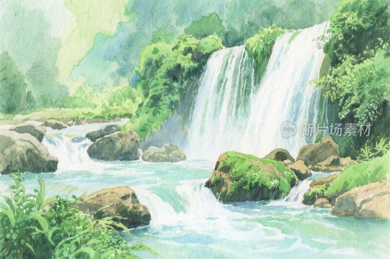 山水瀑布风景插画
