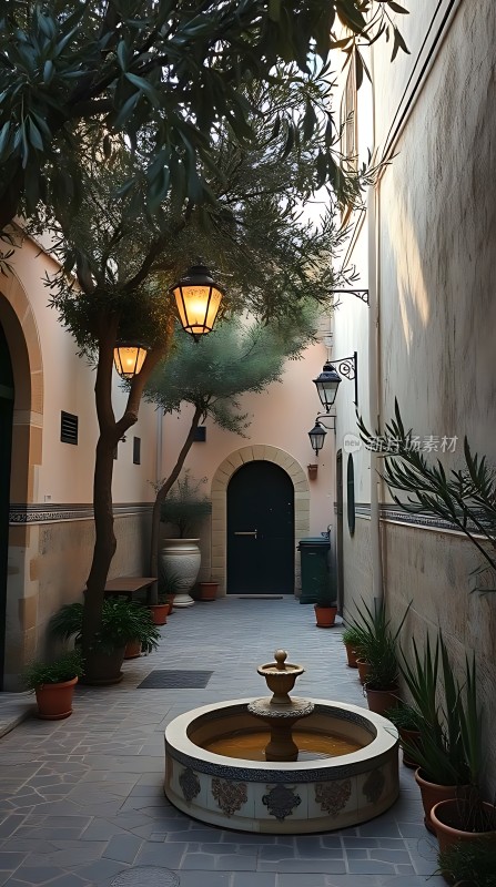 宁静庭院绿意盎然灯光温馨