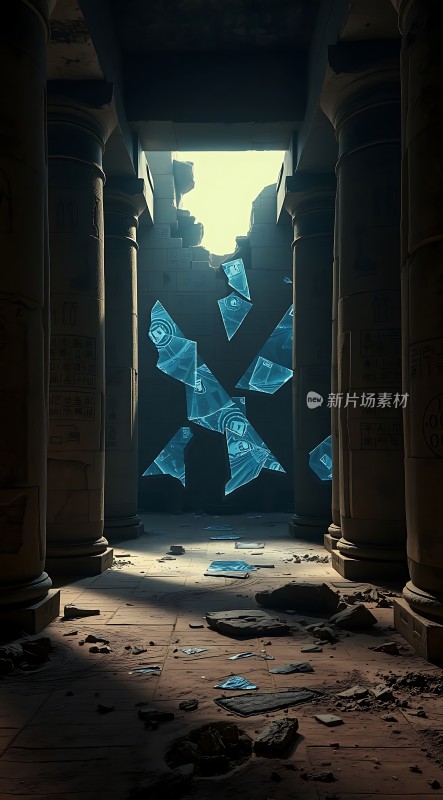 古庙秘境破碎玻璃与阳光交织