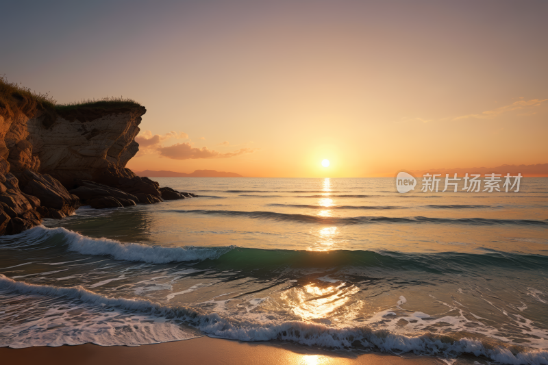 海上的日落海浪拍打着海岸高清风景图片