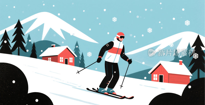冬天雪景滑雪插画背景