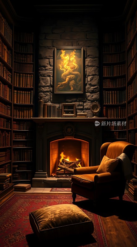 古堡书房里的温馨壁炉