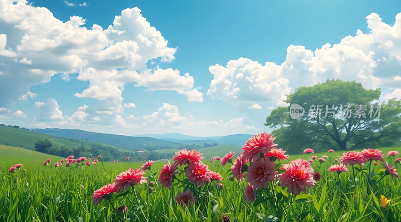 蓝天白云下的粉色花海与绿树草地