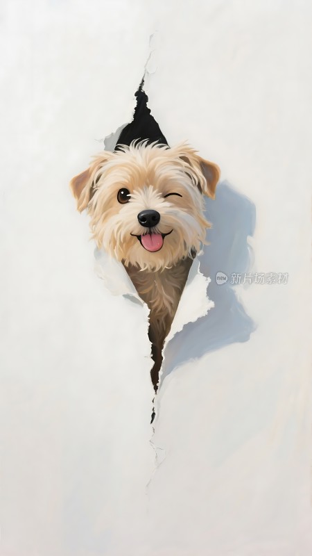 墙洞中探出头的小狗