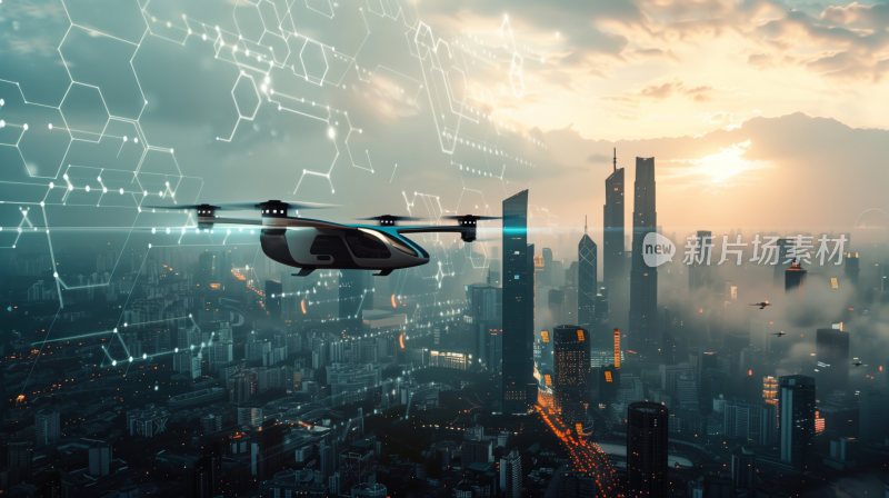 科技感的垂直电动起降飞机飞行在城市上空
