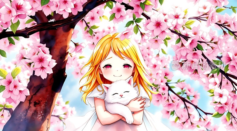樱花树下金发少女与白猫共度春日时光