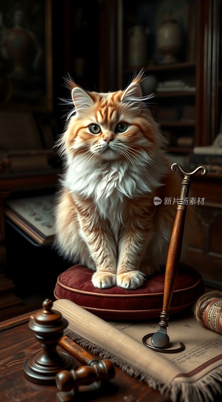 古董书桌上橘色长毛猫