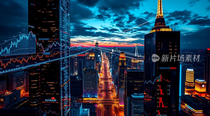 金融都市之夜摩天大楼与股市图表交织的繁华景象