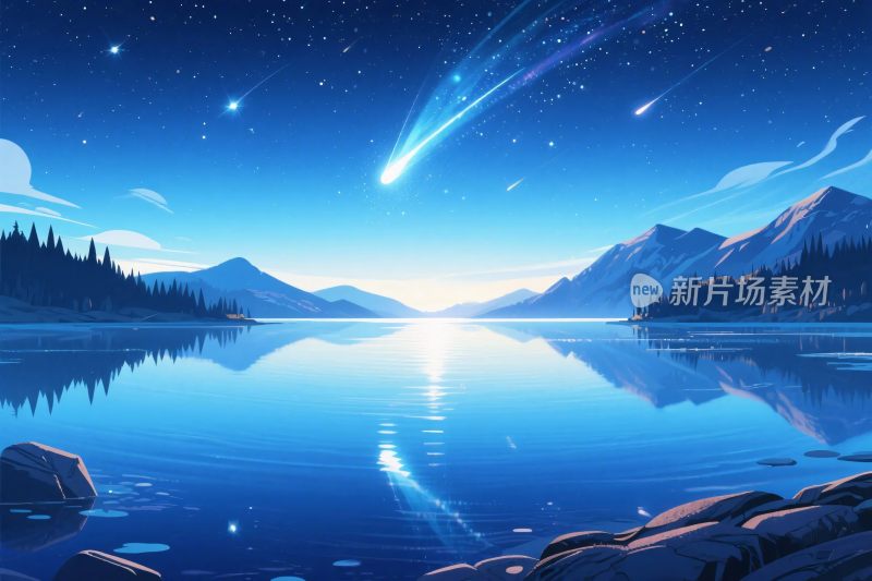山水星空湖景插画