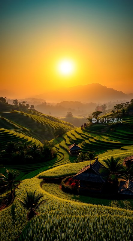 梯田晨曦阳光洒满大地