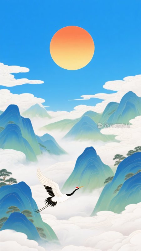 山水间双鹤伴日飞翔图景