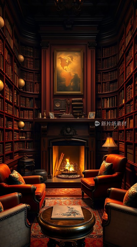 古董书架环绕的壁炉书房