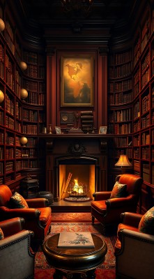 古董书架环绕的壁炉书房 古董书架环绕的壁炉书房