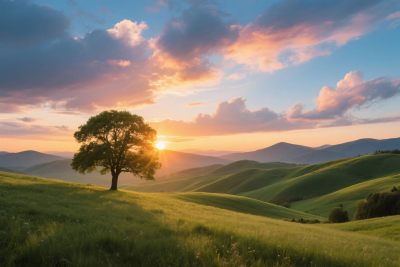 夕阳下的草地风景树 夕阳下的草地风景树